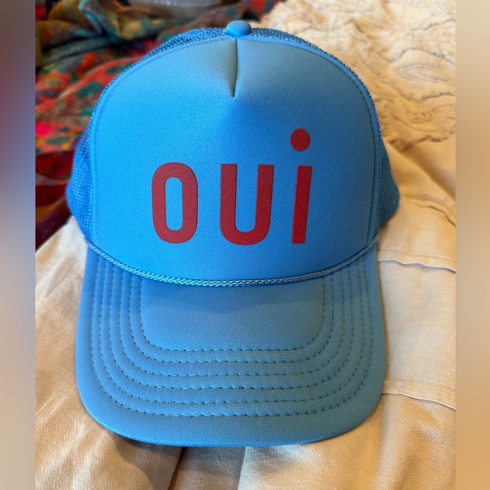 Clare V Blue Trucker Hat with Red "OUI" Print